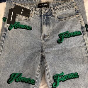 Homme Femme Men's Relaxed Jeans - Blue with Green Accents